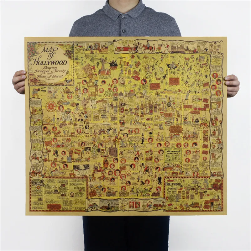 

USA Hollywood interest vintage map poster retro decorative painting kraft paper for living room wall decor 72x64cm FX033