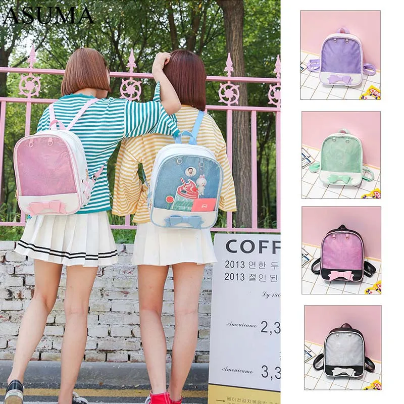 

PVC Transparent Clear PU Leather Women Backpack Ita Bag Harajuku Bow School Bag For Teen Girls Rucksack Kawaii Jelly Backpack