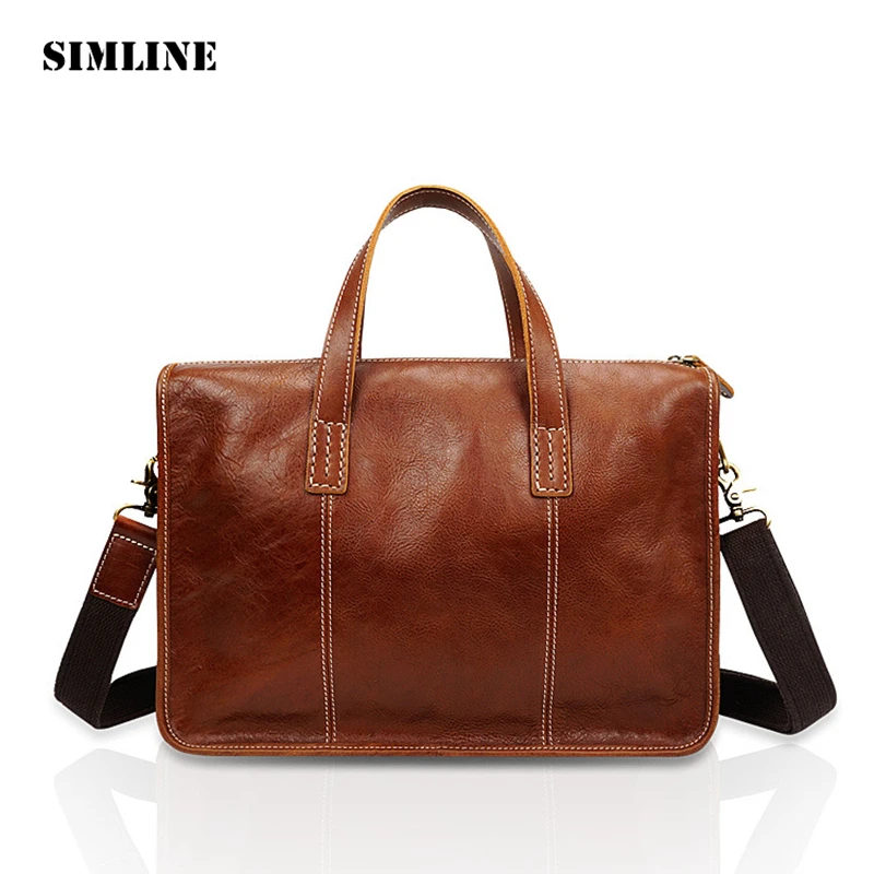 

SIMLINE Vintage Genuine Cow Leather Men Business Tote Handbag Handbags Shoulder Messenger Crossbody Bag Laptop Bags Briefcase