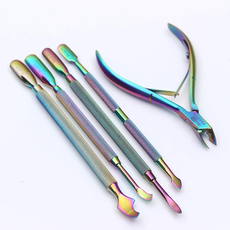 

Cuticle Nipper Pusher Set Rainbow Stainless Steel Dead Skin Remover Scissor Manicure Nail Art Tool Kit BORN PRETTY