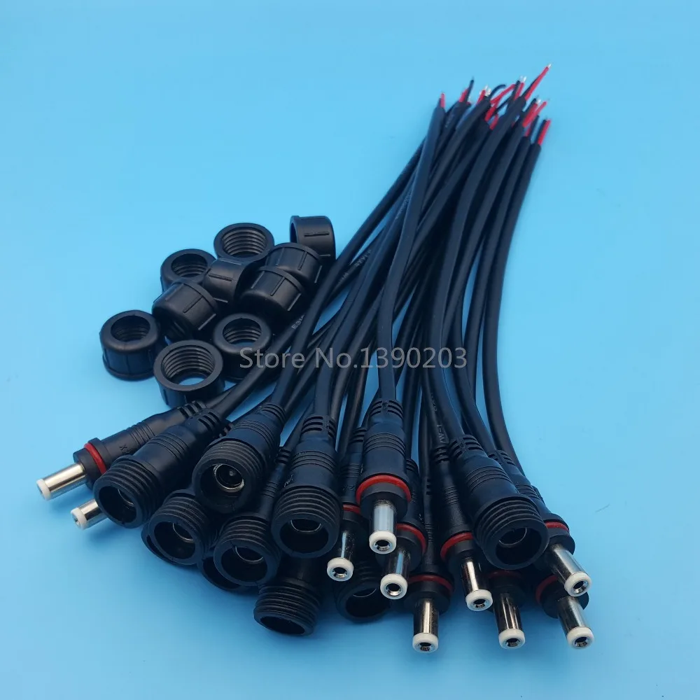Fêmea e Macho Pares Impermeável Preto dc Alimentação 2pin 22awg Cabo Conector 10 5.5×2.1mm