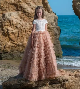 

Vintage Flower Girl Dress For Special Occasion Tiered Tulle Pageant Gowns For 2-14 Y Princess Short Sleeves Custom Made Vestidos