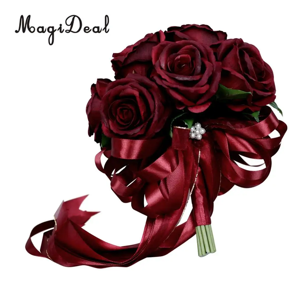 MagiDeal Romantic Rose Flower Wedding Bridal Bouquet Hand Holding Flower Wine Red