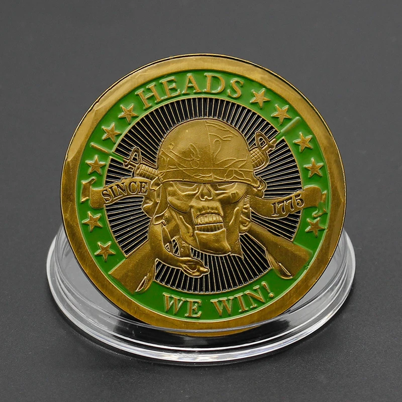 

5 pcs/lot Gold Plated Golden Green Color Coin Since 1775 The Heads We Win The Tail You Lose Skull Challenge Coin