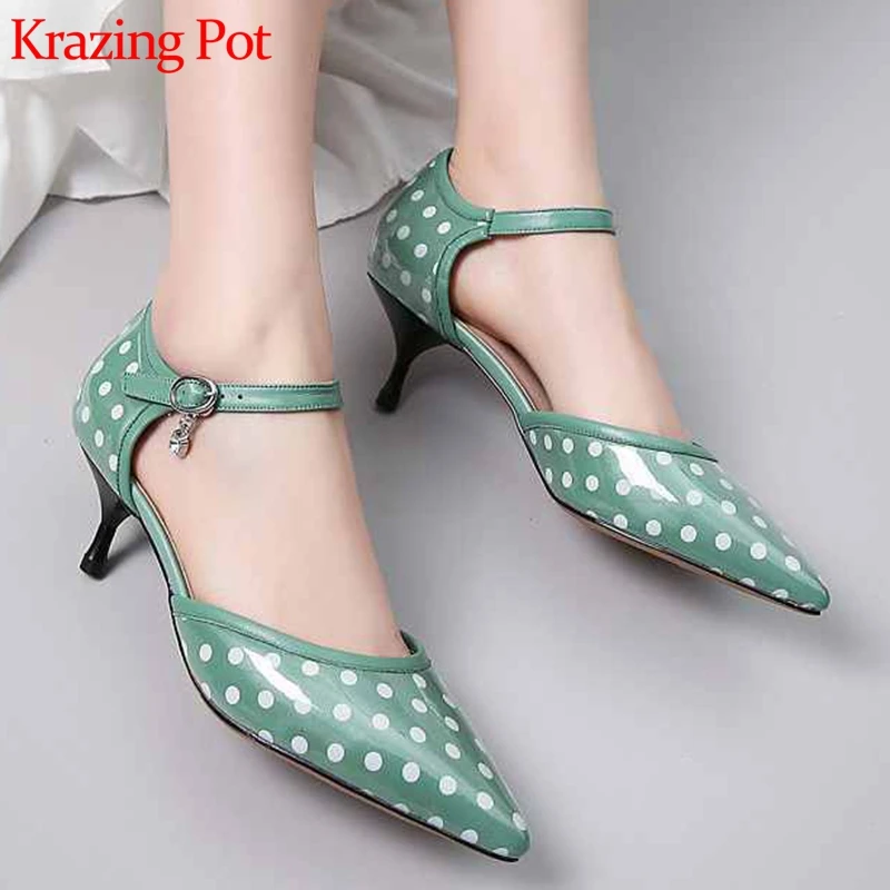 

Krazing pot dot patterns sheep leather high heels office lady shallow party women brand wedding pointed toe crystal pumps L4f1