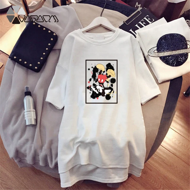 

Women Minnie Mickey Mouse Printed Clothing Mini Dresses Loose Cartoon Black Casual Big Size Fashion M-4XL Mujer Harajuku