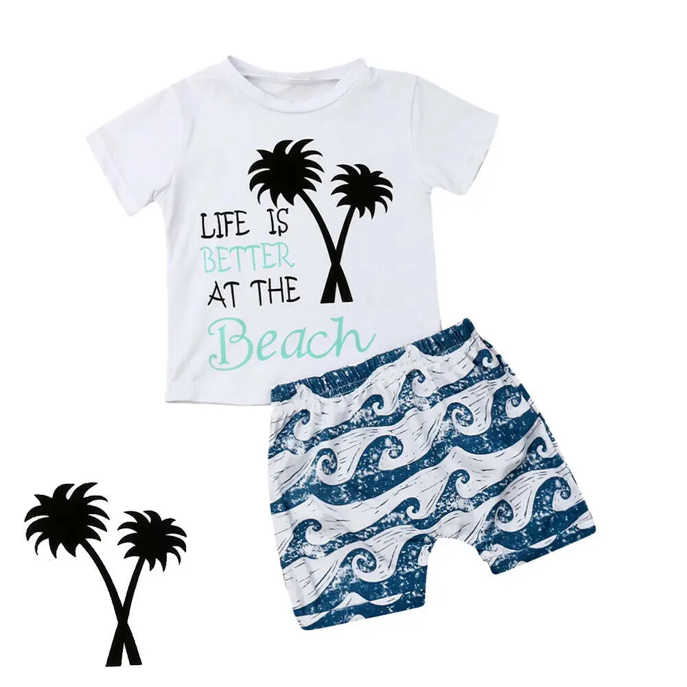 

2019 New Hawaiian Style Infant Baby Boy Tree Letter Print Short Sleeve T-shirt+wave Shorts Outfits Kids Summer Clothes 0-3 T