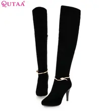 QUTAA/ г. Женские сапоги до колена модные теплые женские сапоги из флока на высоком тонком каблуке с острым носком на молнии размер 34-39