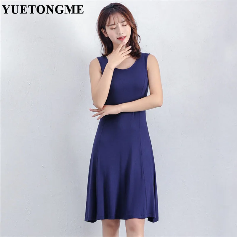 

YUETONGME Summer Basic Side High Slit Women Sexy Dress Sleeveless Black navy blue BTL041