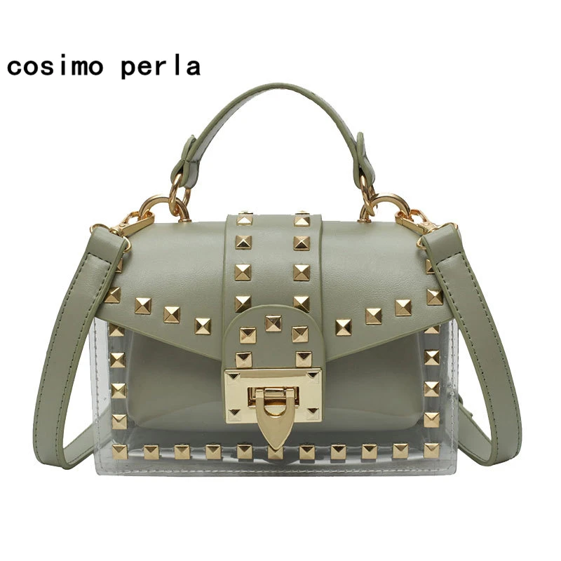 

Hot 2019 Small Messenger Bags for Women Clear Jelly PVC Clutch Flap Bag Rivet Shoulder Bag Summer Fashion Designer Handbag Purse