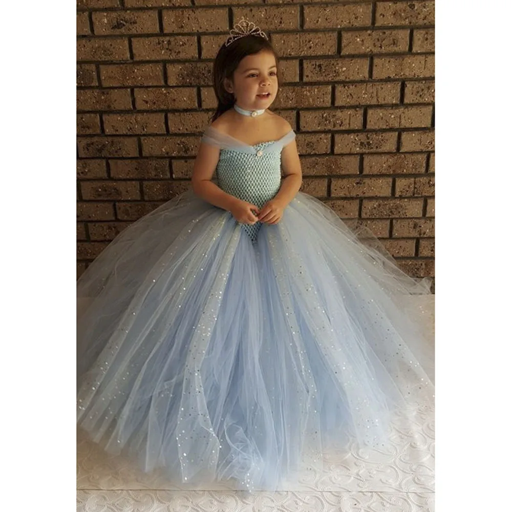 Light Blue Princess Belle Beauty and the Beast Dress Girls V-neck Ankle Length Party Dress Tutu Sparkle Ployester Mesh Ball Gown (4)