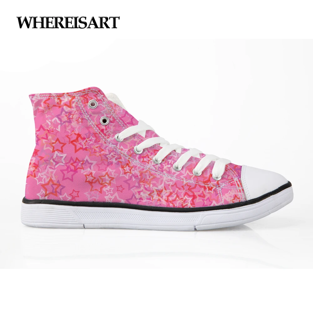 

WHEREISART Pink Fashion High Top Vulcanize Shoes for Women 3D Star Printed Casual Flats Shoes Woman Spring Summer Canvas Shoes
