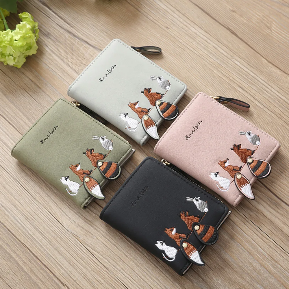 

Short Wallet Women Purses animal printing Card Holder Women Cute Animals Embroidery Short Wallet Card Holder Billfold Purse3.5L3