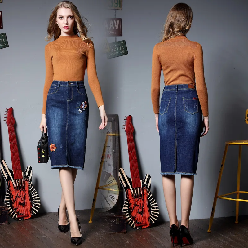 stretch midi denim skirt