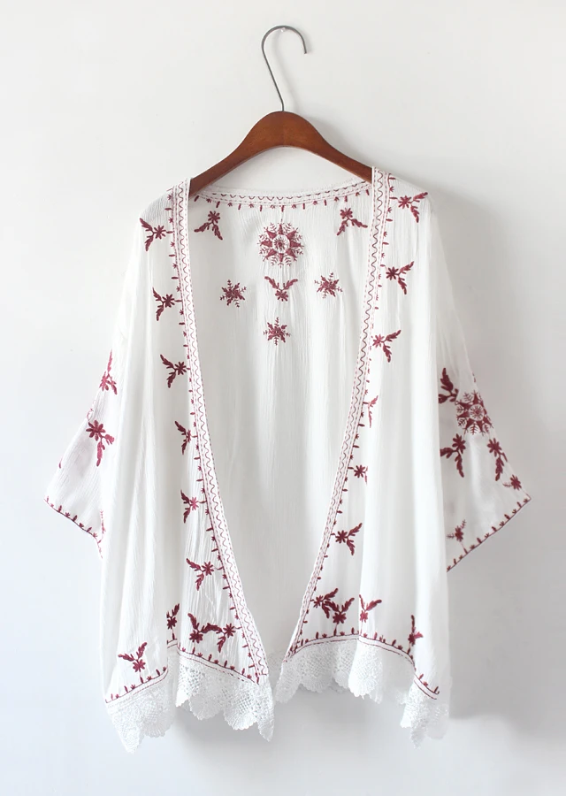 Cheshanf 2019 Summer Beach Kimono Cardigan Lace Embroidery Beach Sunscreen Shirt Loose Cardigan Cotton Blouse Femme