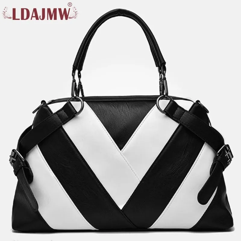 

Solid Color PU Material Stitching Comfortable Feel Lady Large Capacity Handbag Autumn Travel Contrast Color Messenger Bag