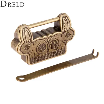 

DRELD 60*38mm Vintage Decorative Padlock Furniture Hardware Antique Chinese Old Lock With Key for Wooden Case Jewelry Gift Box