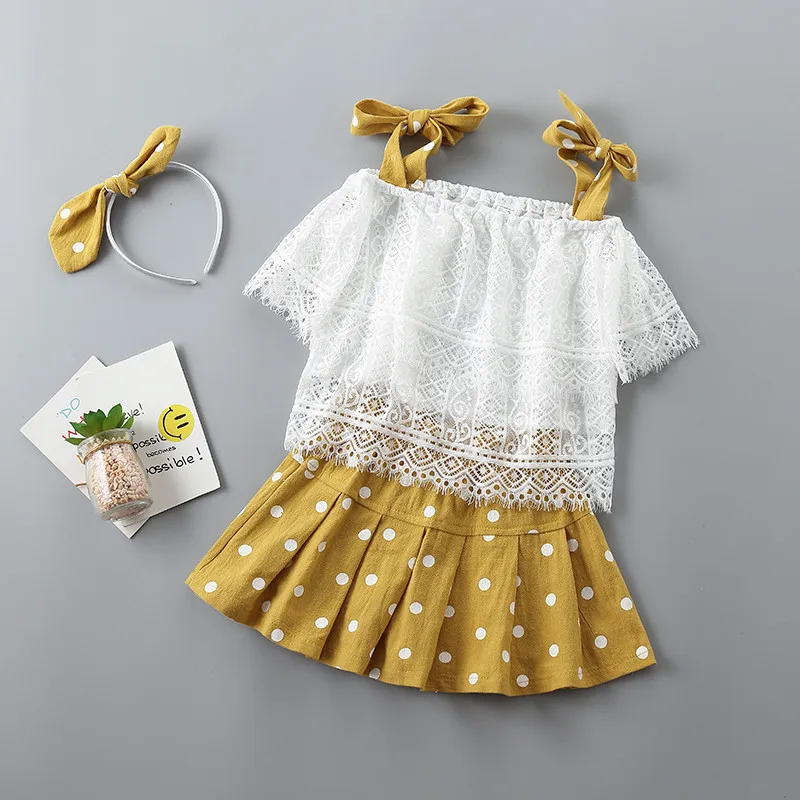

2-7 years High quality girl clothing sets 2019 new summer casual lace bow Dot kid children girl clothing shirt+skirt+scarf 3pcs