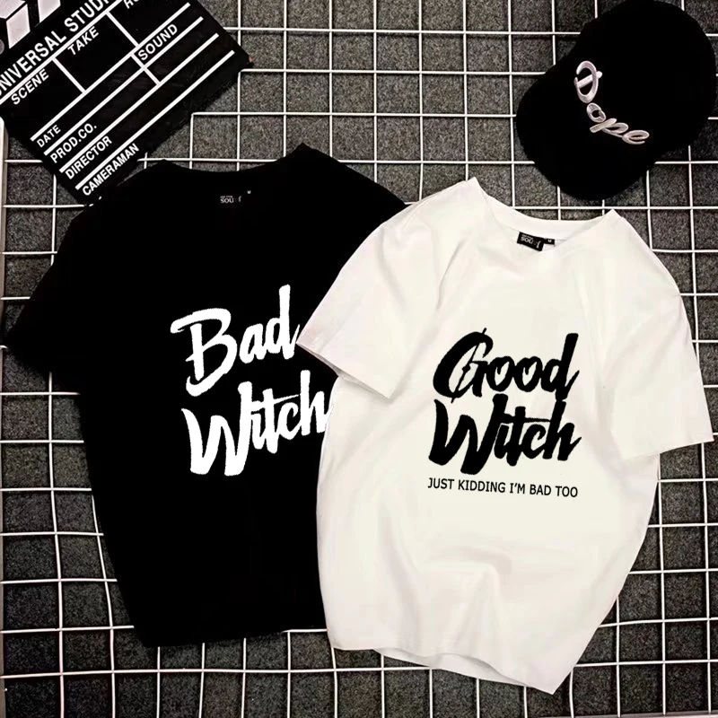 

Couple T-shirt BAD WITCH GOOD WITCH Letter Printed Top Tee Shirt Femme Casual Female best Friends sister Bff T-shirt Tops Tees