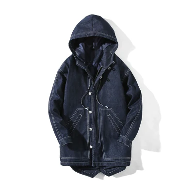 Брендовая Модная парка зимняя куртка мужская Толстая теплая куртка на молнии с капюшоном Длинная приталенная Повседневная однотонная джинсовая куртка большого размера - Цвет: Синий