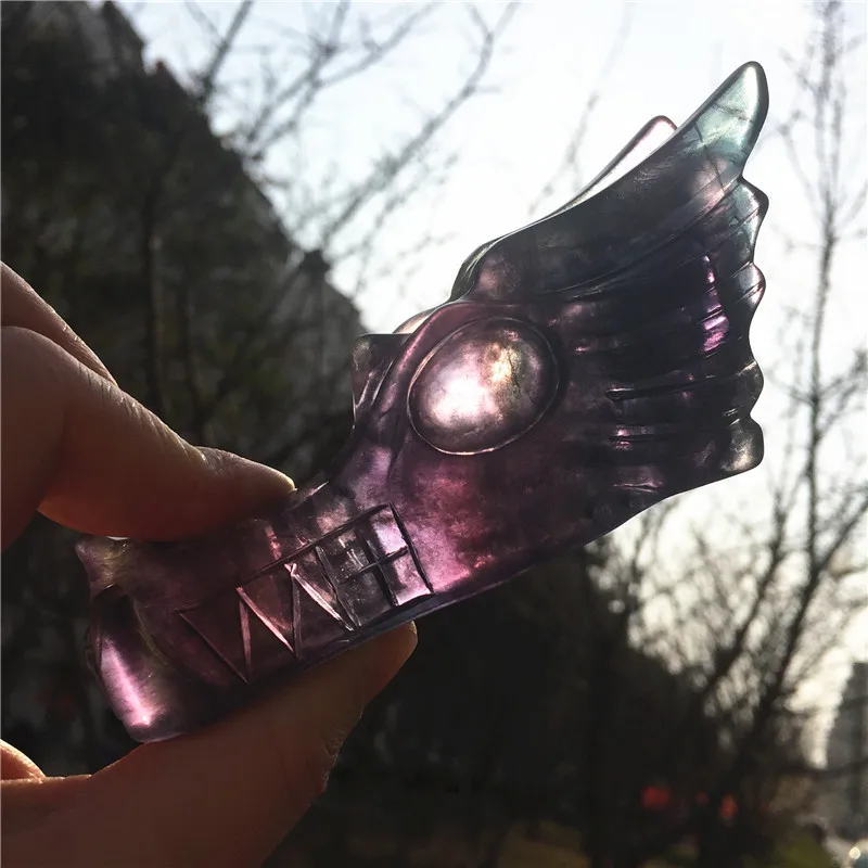 

Beautiful Natural Colorful Fluorite Crystal Animal Hand Carved Dragon Head Skull Polished Home Decoration Collection For Gifts