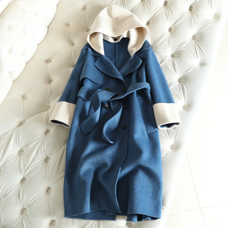 

New Double-sided Cashmere Overcoat For Winter 2018 Female Albaca Wool Long Overcoats Spring Removable Cap Blue Womens Wool Coats