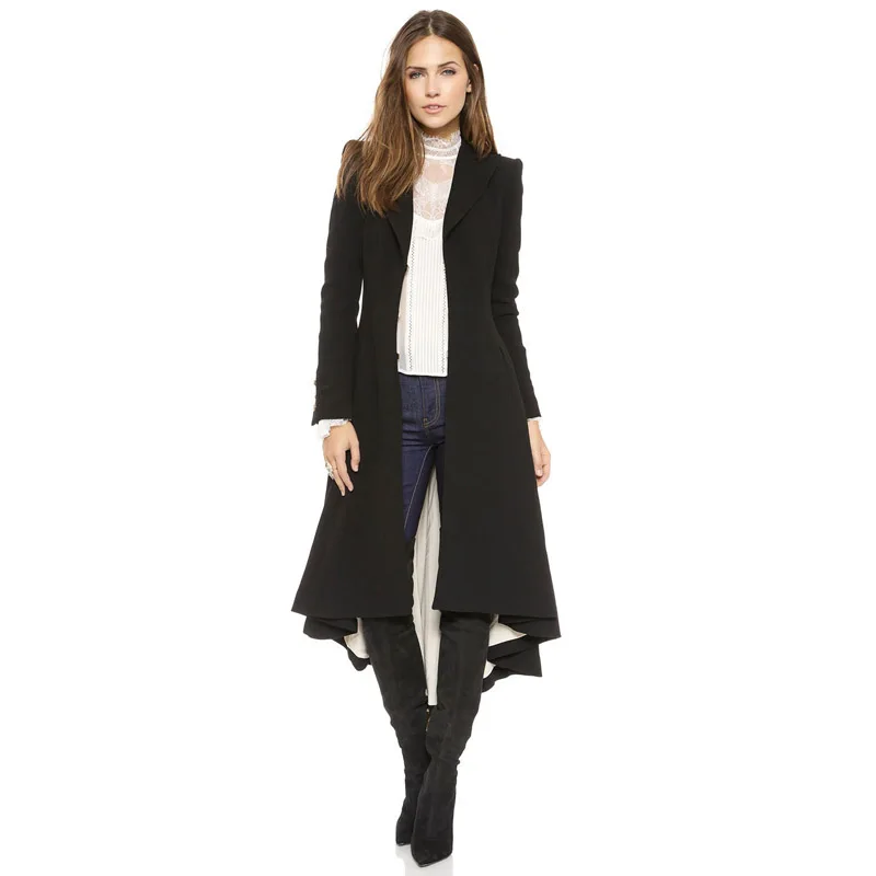 

High Quality Brand New Womens Ladies Spring Autumn OL Swallow Tail Trench Knee Female Woolen Long Jackets Wool Blend Coats