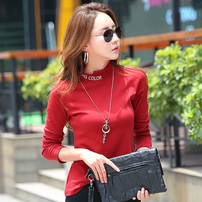 

New T-shirts For Women Long Sleeve Cotton T Shirt Ladies Winter Top Tee Solid Poleras Mujer Turtleneck Female T-shirt Camisetas