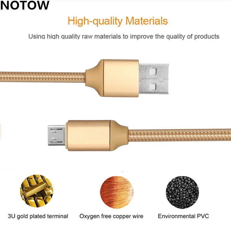 Micro USB кабель NOTOW 1 м/2 м/3 м из плетеной ткани 2A для зарядки и синхронизации Samsung Galaxy