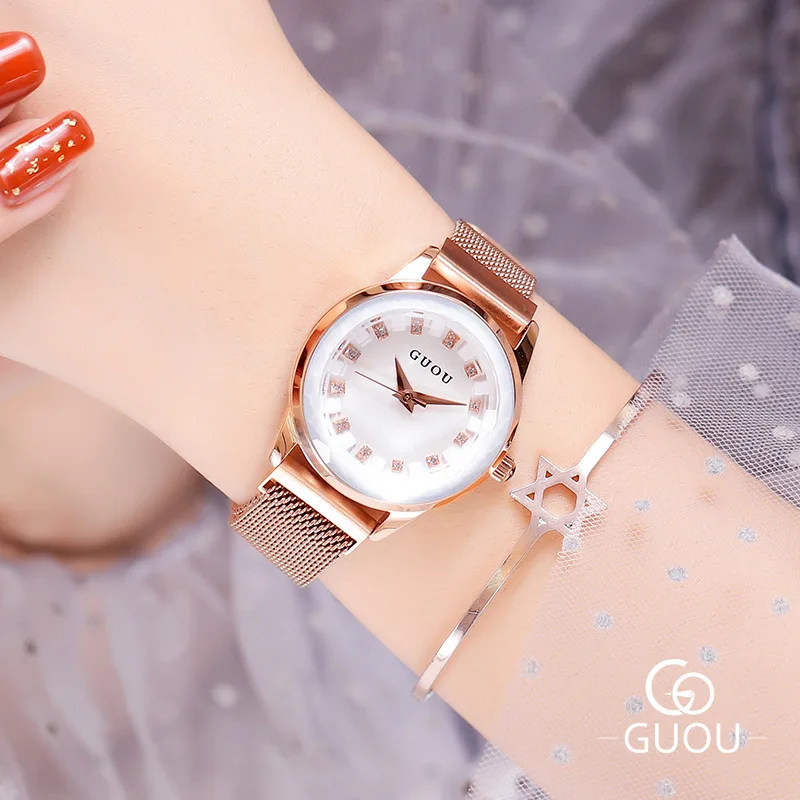 

Guou Fashion Simple Wristwatch Women Rhinestone Starry Sky Waterproof Watch Trend Black Purple Magnet Buckle Female Clocks 2019