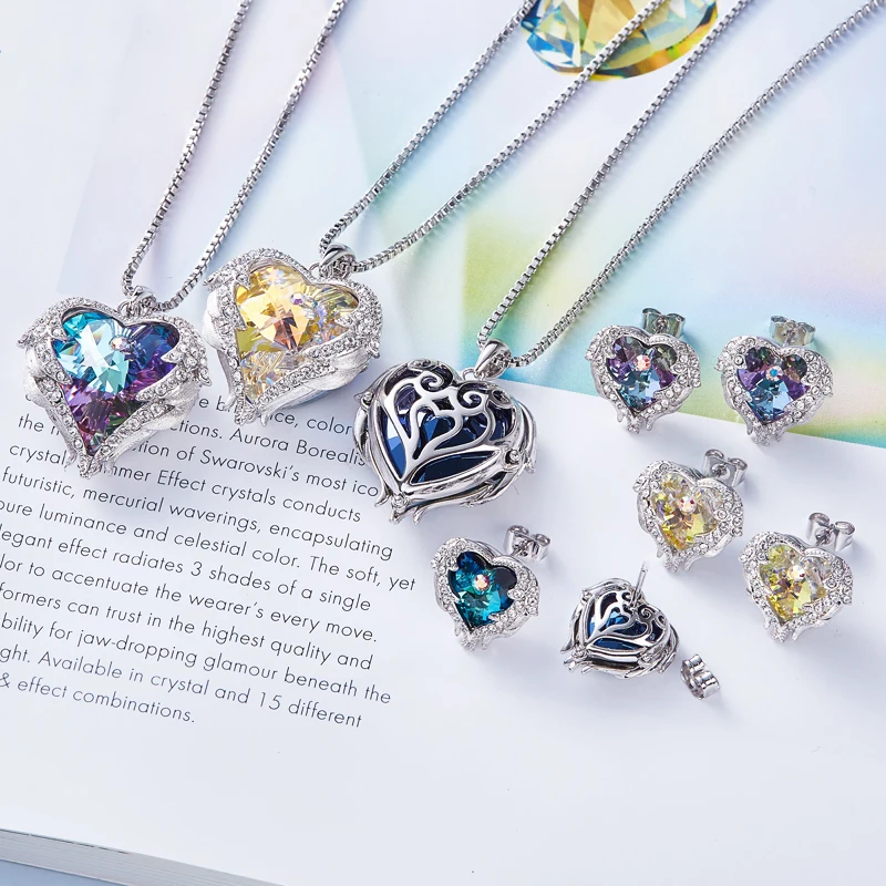 Cdyle cristales de Swarovski de alas de Ángel pendientes collares azul colgante de corazón de cristal conjunto de joyas para mujeres regalos de amor - 3