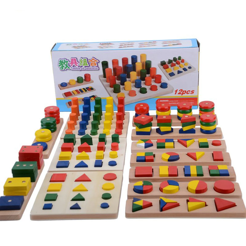 Montessori Baby Early Vzdělávací dub Dřevěné hračky Geometrie tvaru Vyučovací hračky (12 typů v sadě))