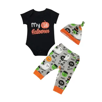 

Hot Boys Girls Cartoon Long Sleeve Rompers+Pants+Hat 3pcs Suits 2018 New Autumn Halloween Costume Baby Clothing Baby's Sets F