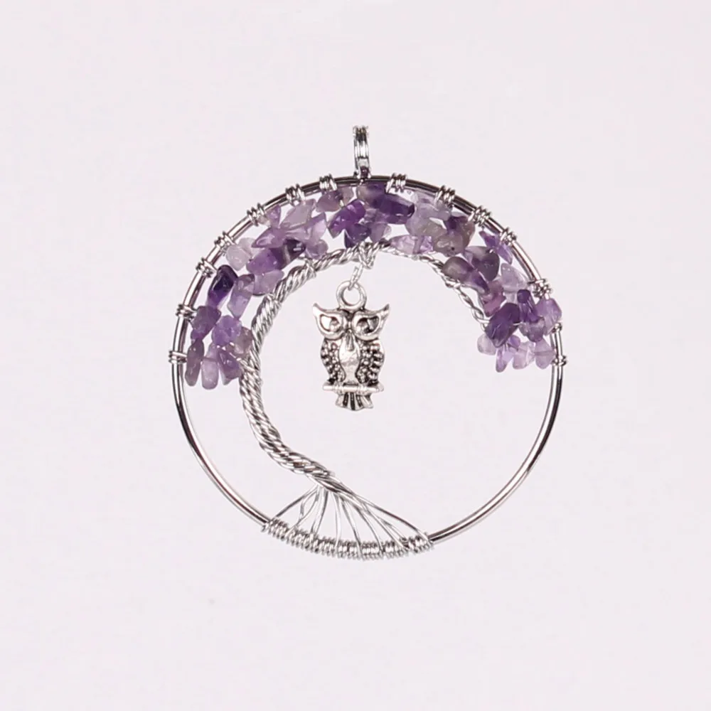 12pcs/lot AmethystsTree of Life Owl Charm Pendant Gem Stone Chakra Reiki Balancing Wire Wrapped for Making Jewelry Free Shipping | Украшения