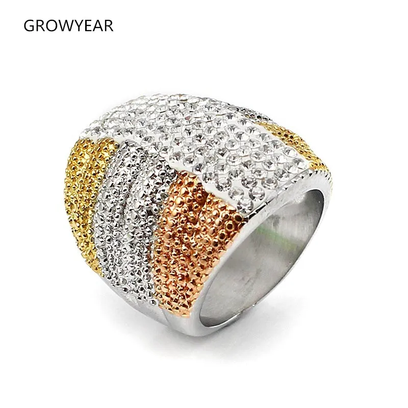 

Big Colorful Rings Band Women Jewelry Silver Rose Gold Gold-color Steel Crystal Ring For Cocktail Party Size 8 9 6 7