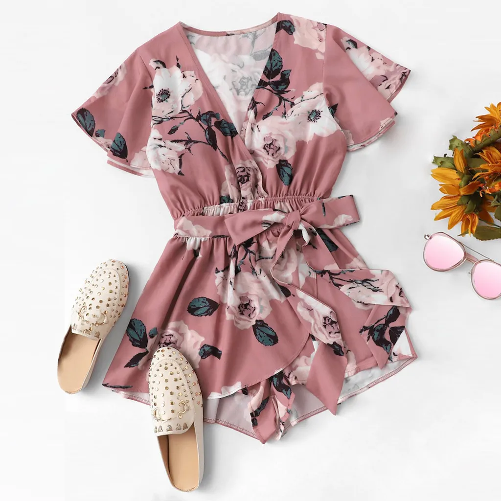 

Ruffle Short Women's Jumpsuit V-Neck Bow Tie Ladies Summer Sexy Beach Rompers Women Jumpsuit Floral Print Wrap Romper DouDouLu