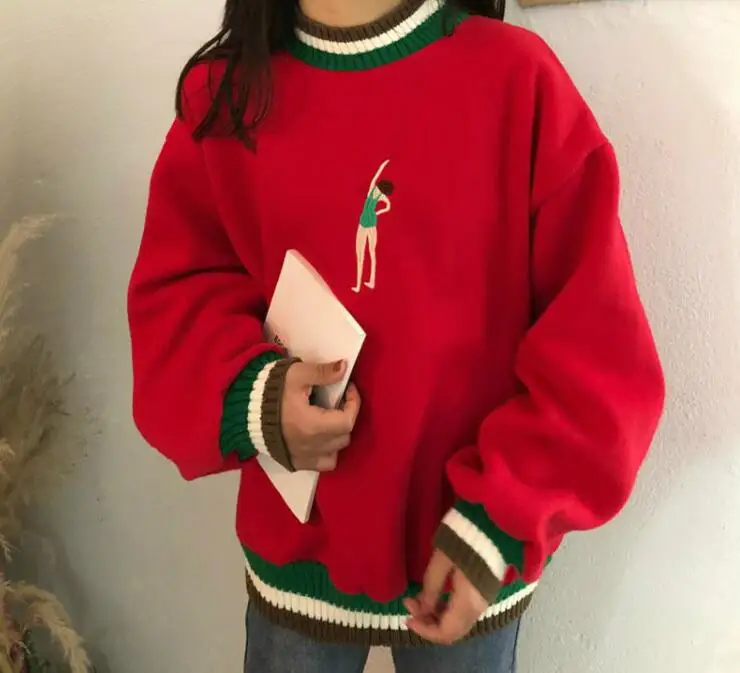 

Spring Women pullover hit color round neck loose Embroidery Sweatshirt