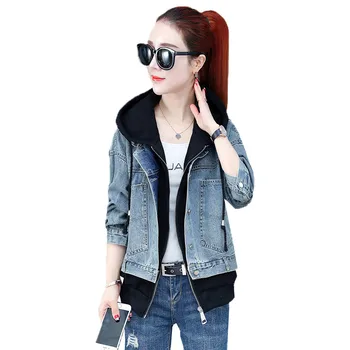 

Women Hooded Denim Jacket 2019 Spring Autumn New Loose Fake Two-Piece Slim Outerwear Fashion Long Sleeve Female Denim Coat JIA91