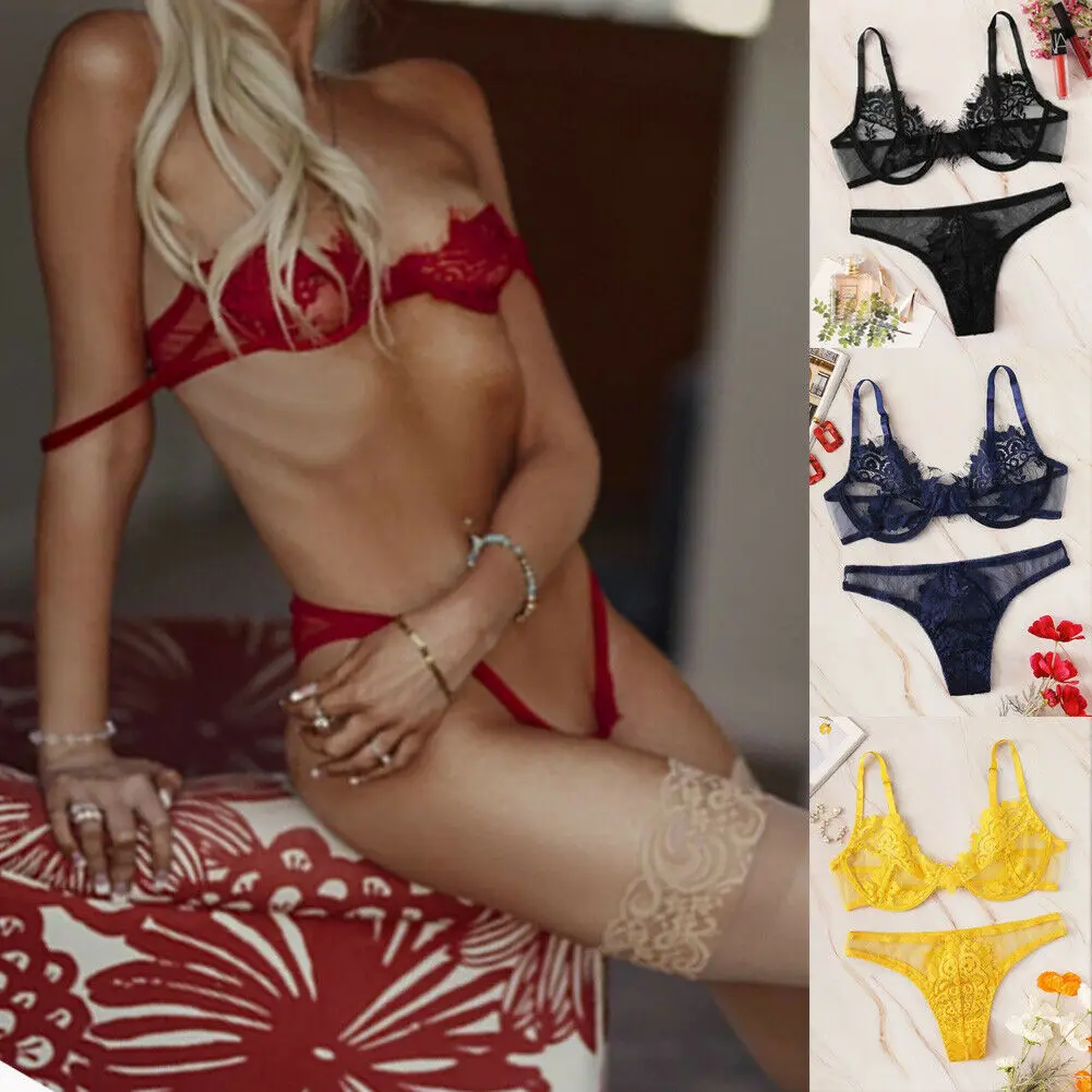 

Sexy Women Crochet Lingerie Lace Set Summer Ladies Babydoll Unpadded Bra G-String Thong Panties 2Pcs Underwear Nightwear Set