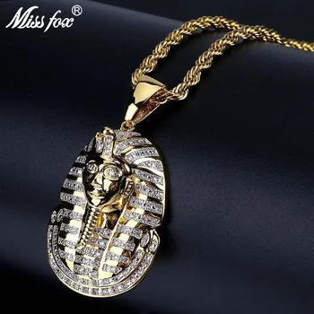 

MISSFOX Hip Hop Egyptian Pharaoh Personalized Necklace 24K Gold Plated AAA Cubic Zirconia Slave Faith Men Gem Necklaces Pendants