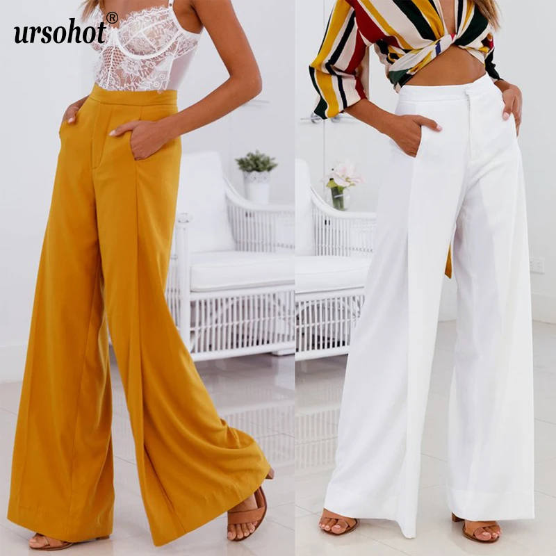 

Ursohot Sexy Solid Loose High Waist Pants Female Summer Office Lady Trousers Casual Wide Leg Pocket Streetwear Pants Women 2018