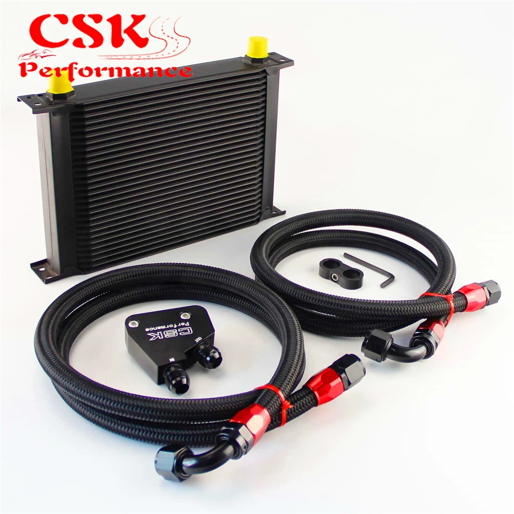 

28 Row 248mm AN10 British Oil Cooler Kit+Male Sandwich Plate Adapter Fits For LS1 LS2 LS3 VT VX VY VZ VE 5.7L Black