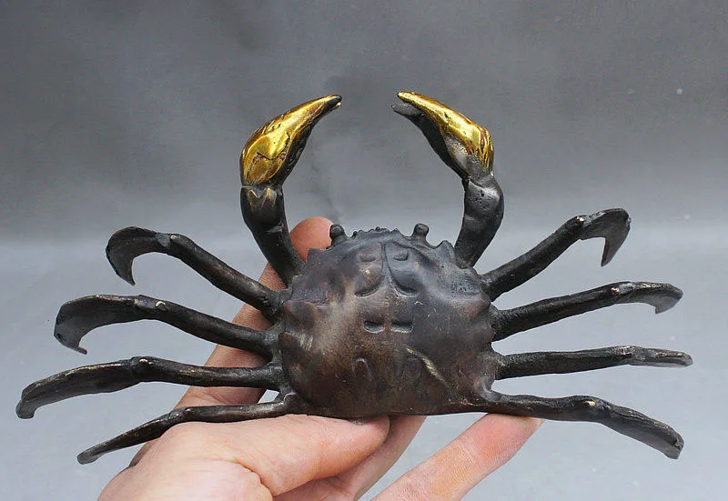 

9" Folk China Royal FengShui Bronze Gilt Auspicious Wealth 8 Legs Crab Statue