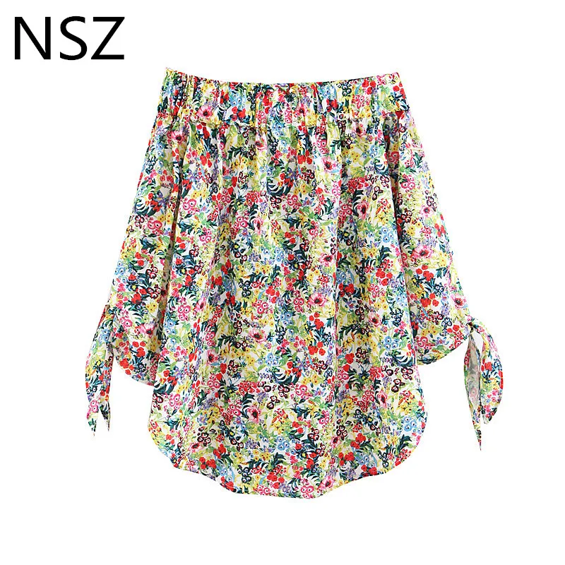 

NSZ Women Print Off Shoulder Blouse Sexy Slash-neck Summer Shirt Loose Casual Bow Tied Cuff Ladies Top chemisier femme