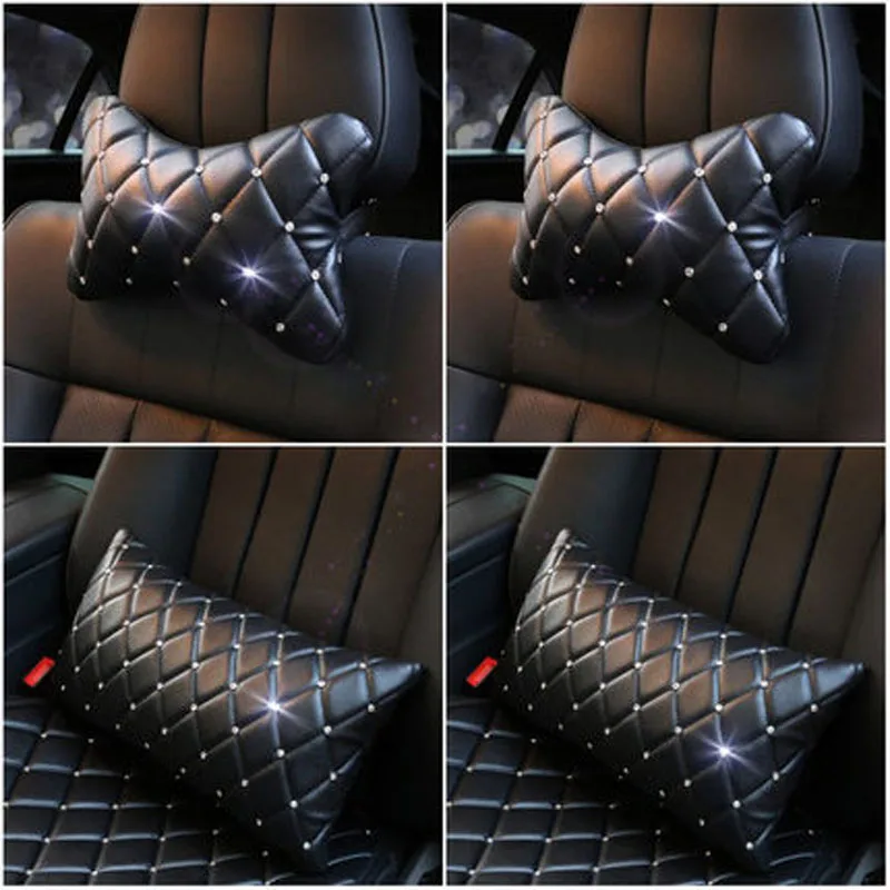 

Car Headrest Pillow Leather with Crystal Waist Supports Seat Rest Back Lumbar Pillows For Interior Accessories For Women Gilrls