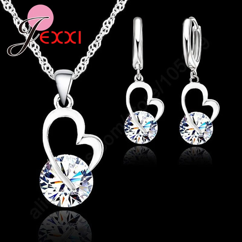 

Fashion Wedding Gift Jewelry 925 Sterling Silver Heart Round Crystal Earrings Necklace Set Hot High Quality Gifts For Women