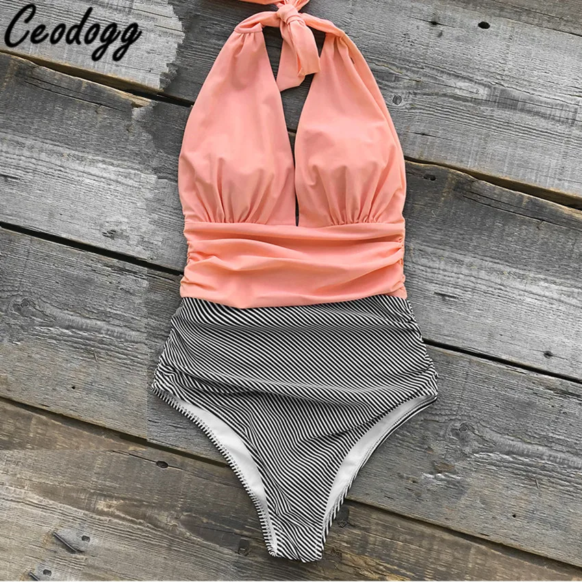 

Keeping You Accompained Stripe One-piece Swimsuit Backless Deep V neck Sexy Bikini Set 2019 Ladies Beach Bathing Swimwear
