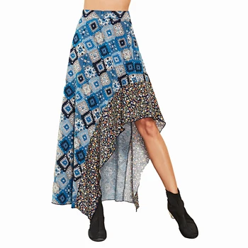 

2019 New Style Patchwork Print Summer Skirts Women Fashion Asymmetrical Long Skirt Jupe femme Boho High Waist Beach Skirts
