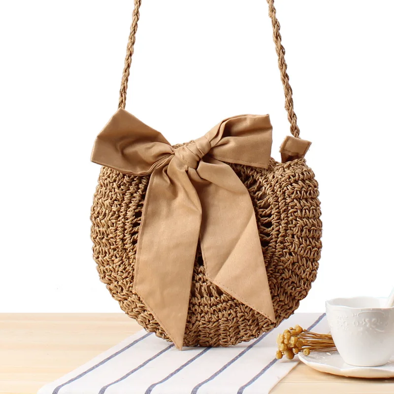 

2019 new summer beach wind cute bow crossbody woven bag Handmade crochet round straw bag female bag beach bag