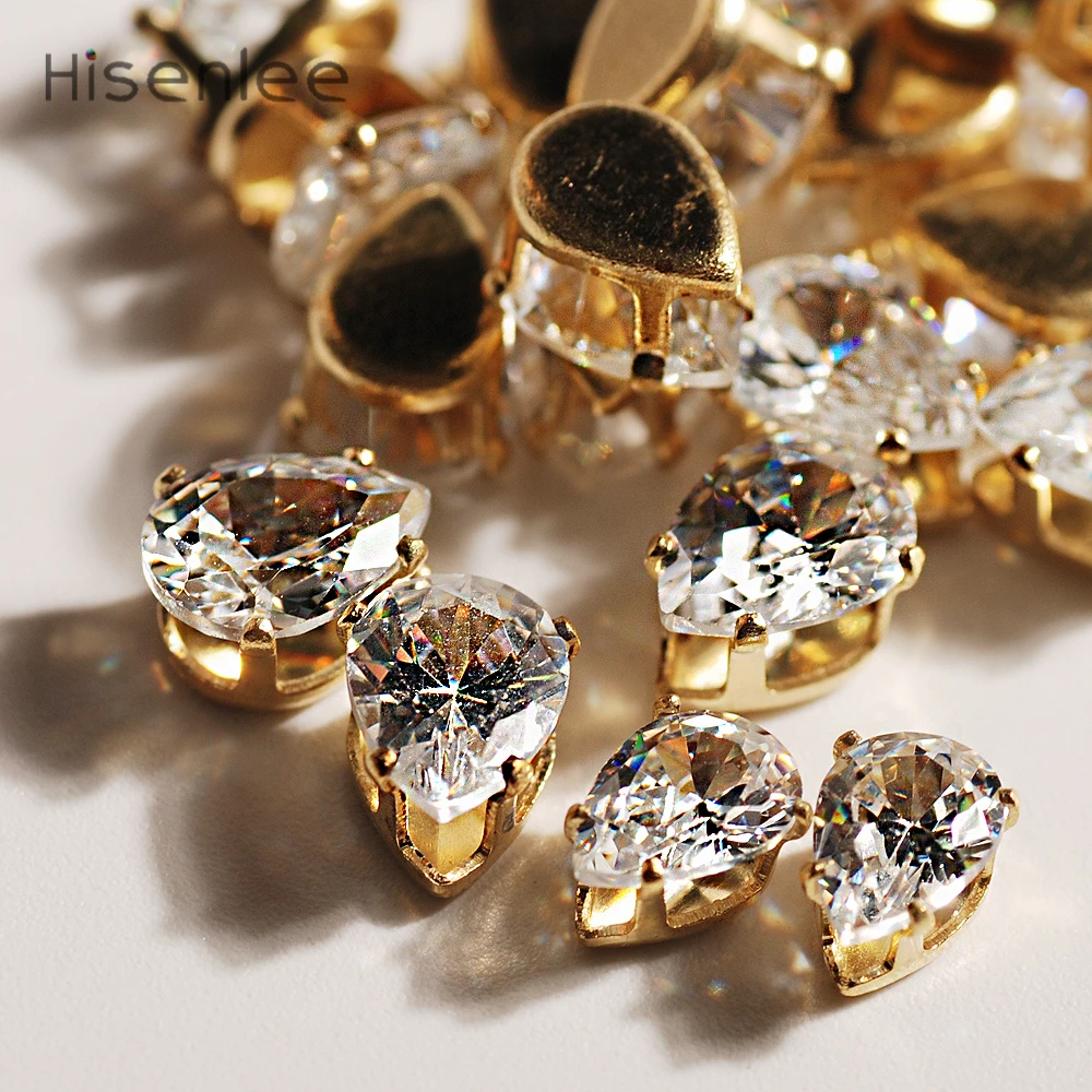 

Hisenlee AAA 5*7mm Crystal Clear Drop Shape Exquisite 3D Cubic Zirconia Gem Golden Single Claw Set DIY Crystal Stone 50pcs